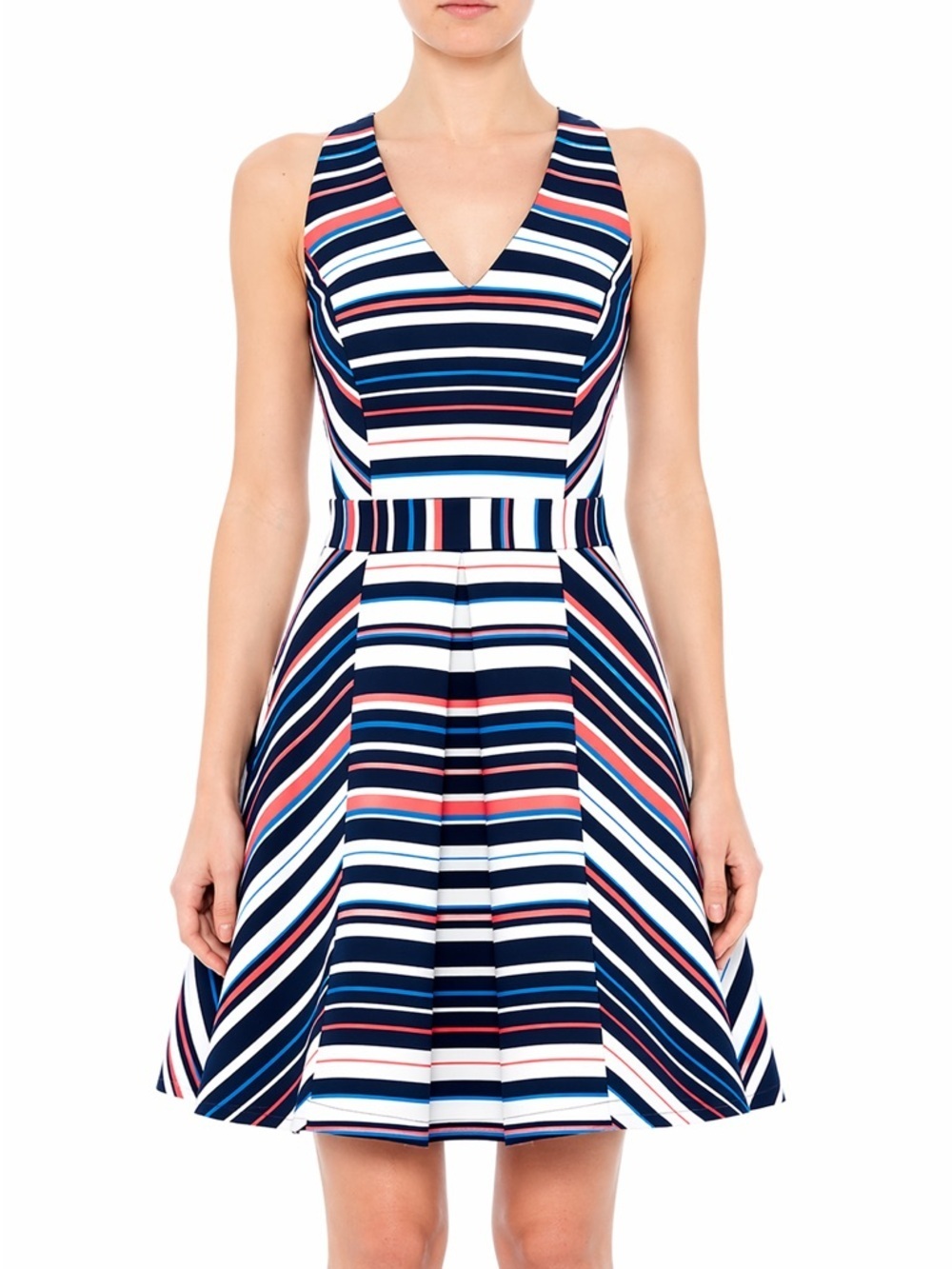 Adelyn Rae Striped V-Neck Fit & Flare Dress in Navy, White & Coral - Picture 3 of 9